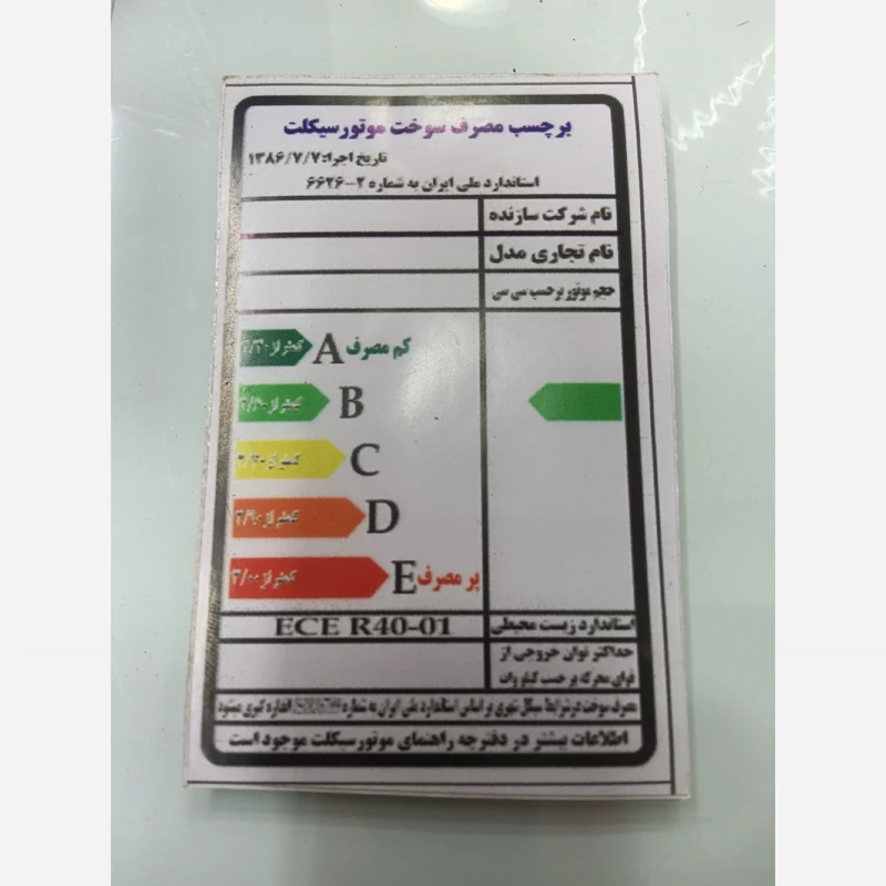 برچسب مصرف سوخت موتور سیکلت روی باک هندا